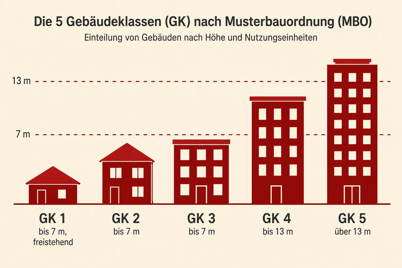 Infografik zu den 5 Gebäudeklassen nach Musterbauordnung mit Höhenschwellen bei 7m und 13m
