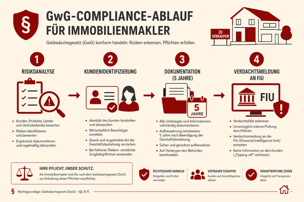Infografik zum GwG-Compliance-Ablauf für Immobilienmakler in vier Schritten