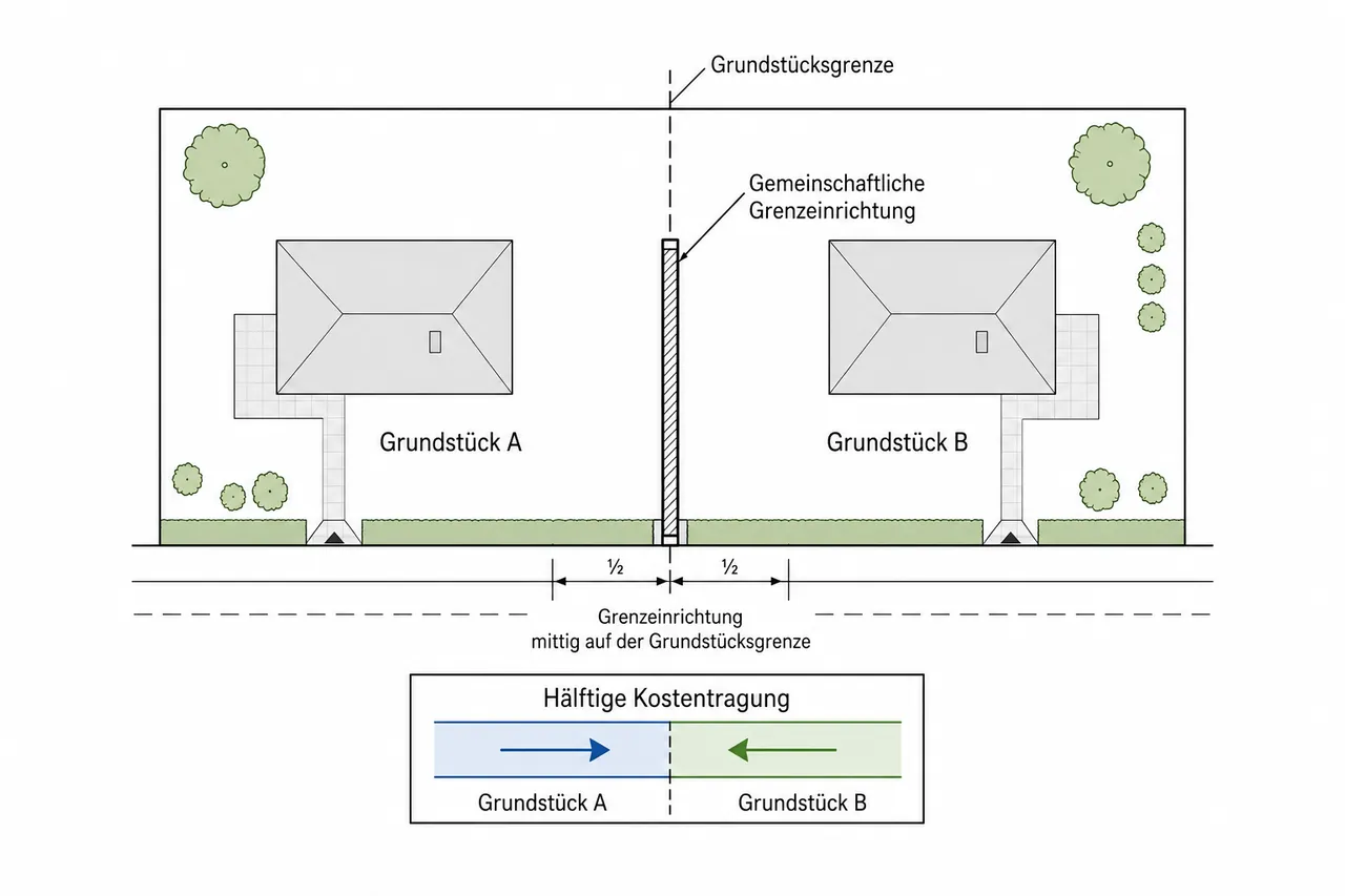 Lageplan zweier Grundstücke mit gemeinschaftlicher Grenzeinrichtung auf der Grundstücksgrenze und hälftige Kostentragung
