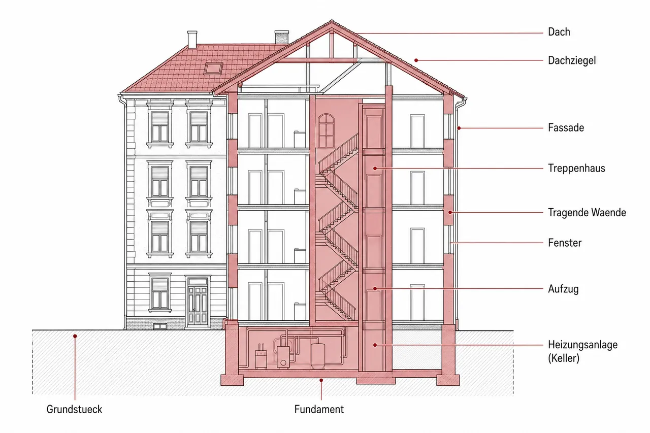 Querschnitt eines deutschen Mehrfamilienhauses mit beschrifteten Gemeinschaftseigentum-Bereichen: Dach, Fassade, Treppenhaus, Fenster, tragende Wände