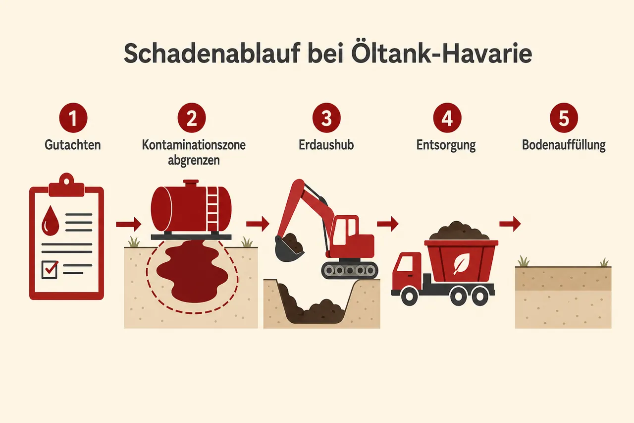 Infografik: Schadenablauf bei Öltank-Havarie in 5 Schritten – von Gutachten bis Bodenauffüllung
