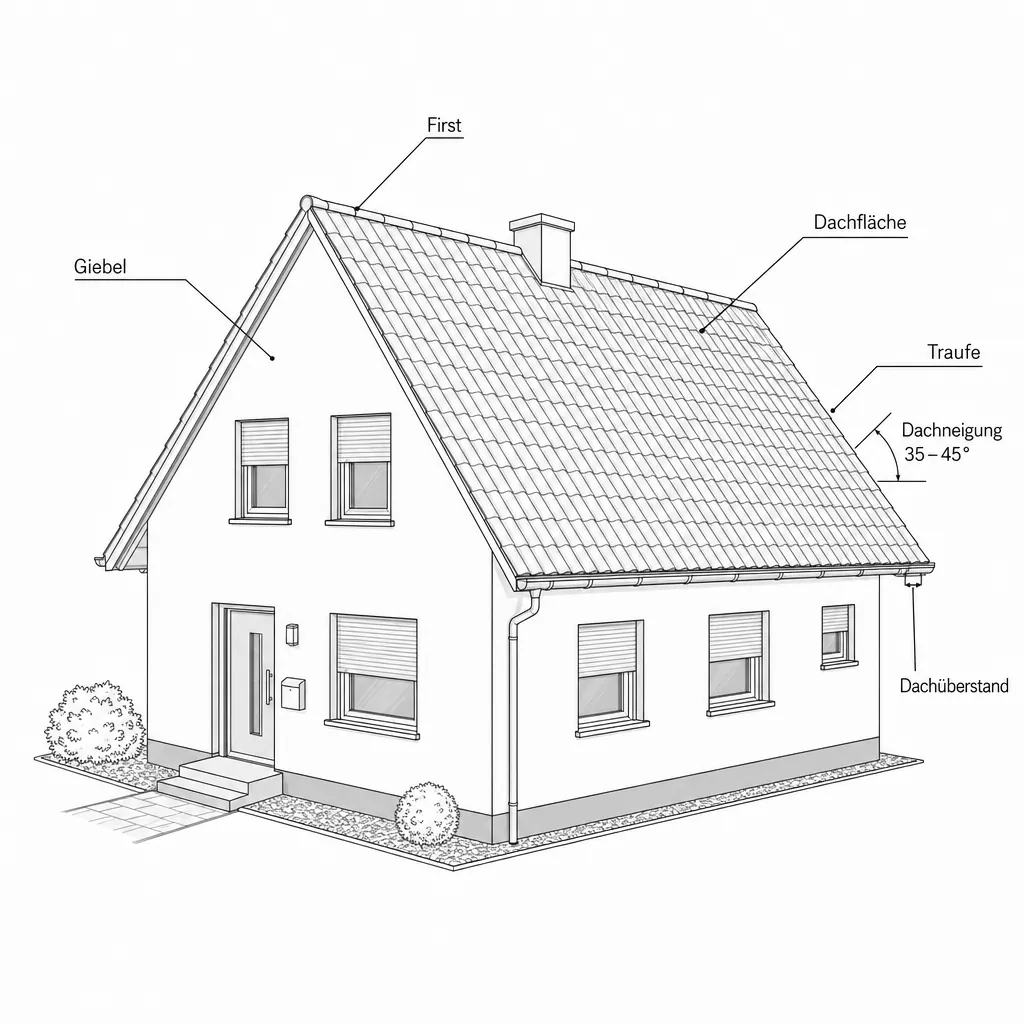 Schematische Darstellung eines Giebeldachs mit beschrifteten Bauteilen: First, Giebel, Traufe, Dachfläche, Dachneigung und Dachüberstand
