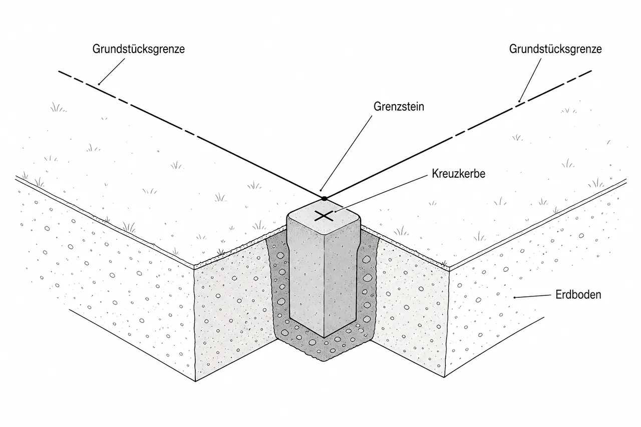 Schematische Darstellung eines Grenzsteins an einer Grundstücksecke mit Grenzlinie und Kreuzkerbe auf der Oberfläche