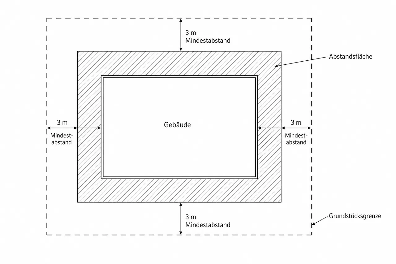 Grundriss-Schema eines Wohngebäudes auf einem Grundstück mit eingezeichneter Grundstücksgrenze und Abstandsflächen