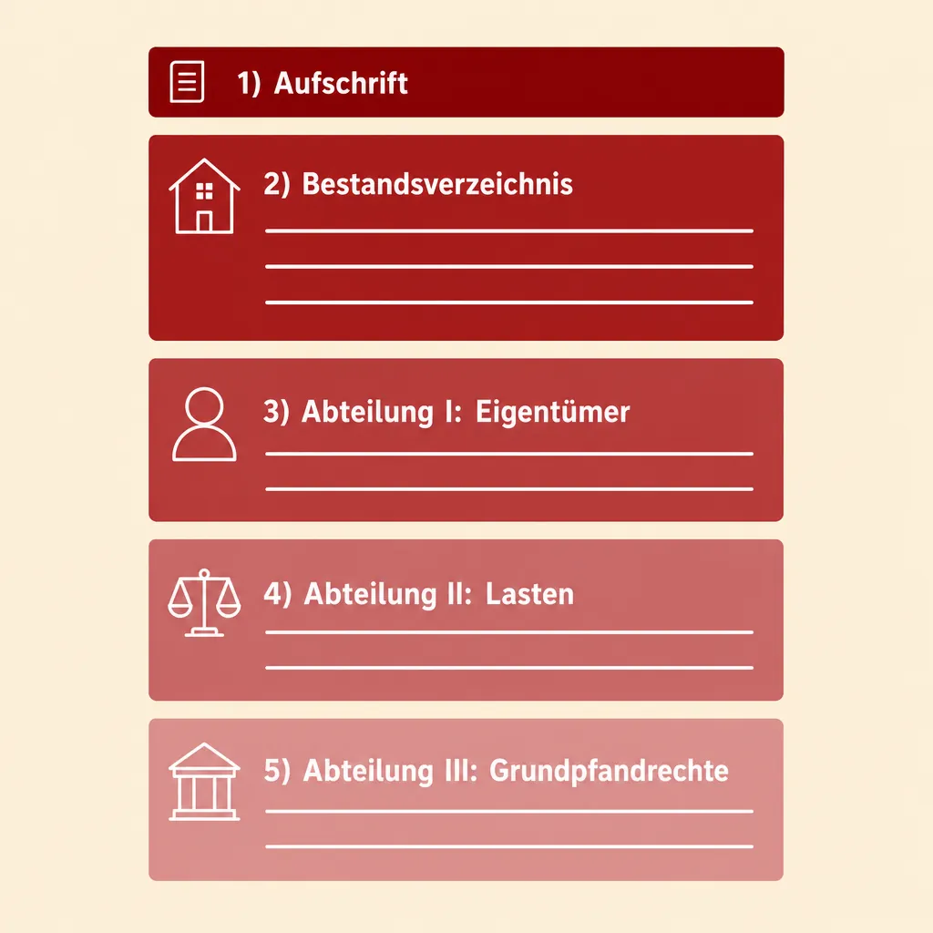 Schematischer Aufbau eines Grundbuchblatts: Aufschrift, Bestandsverzeichnis, Abteilung I bis III übereinander dargestellt