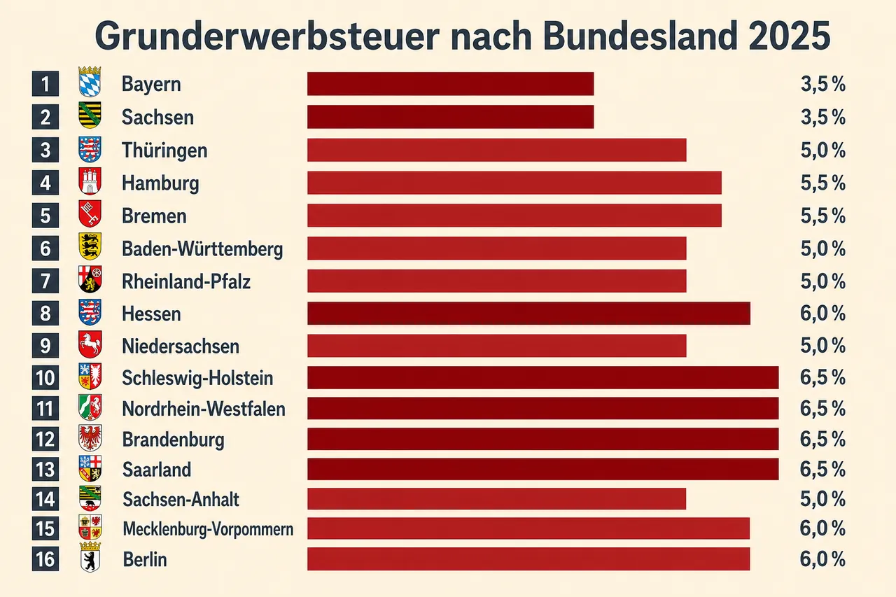 Grunderwerbsteuer-Steuersätze nach Bundesland 2025 als Infografik