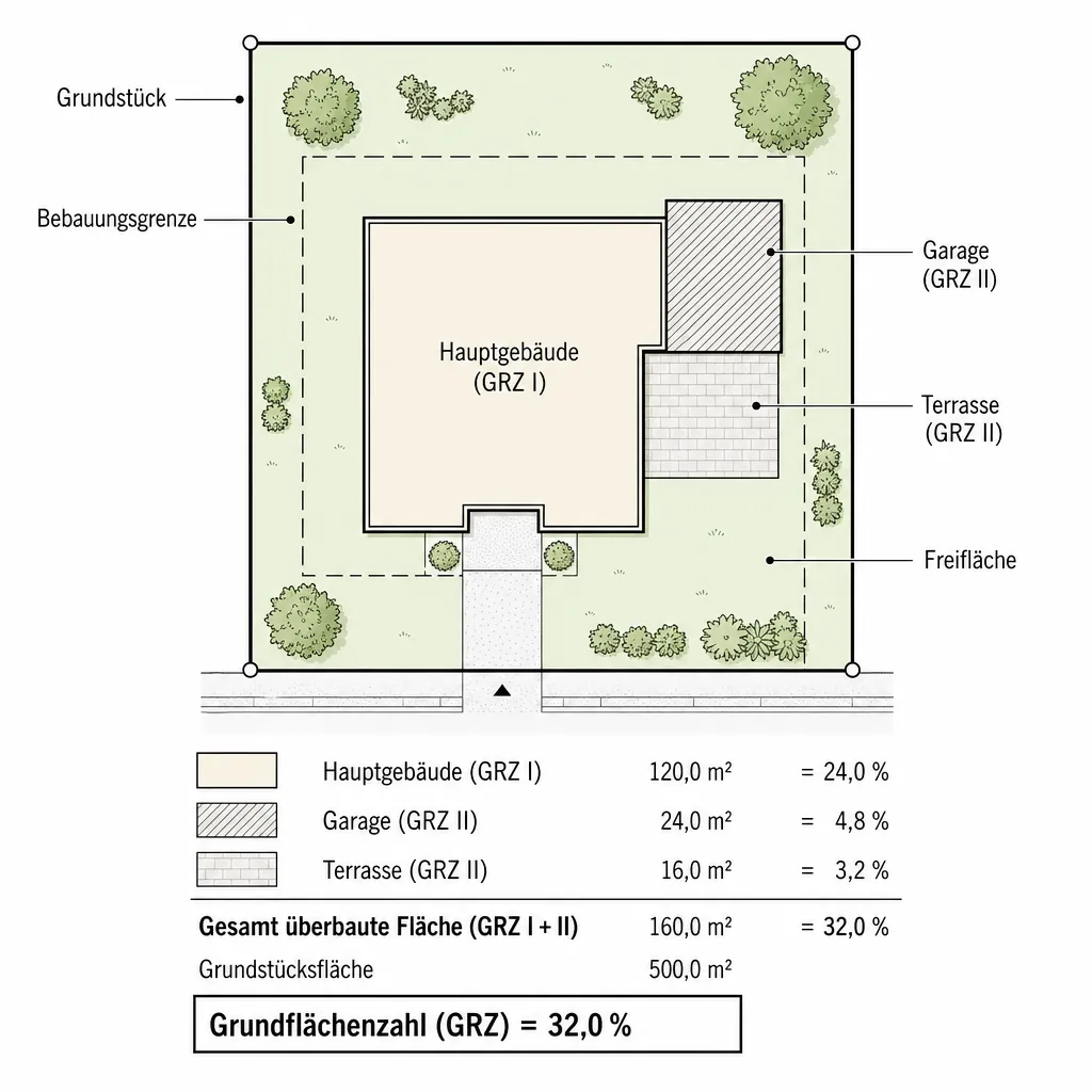 Lageplan mit Hauptgebäude (GRZ I) und Nebenanlagen (GRZ II) auf einem Grundstück