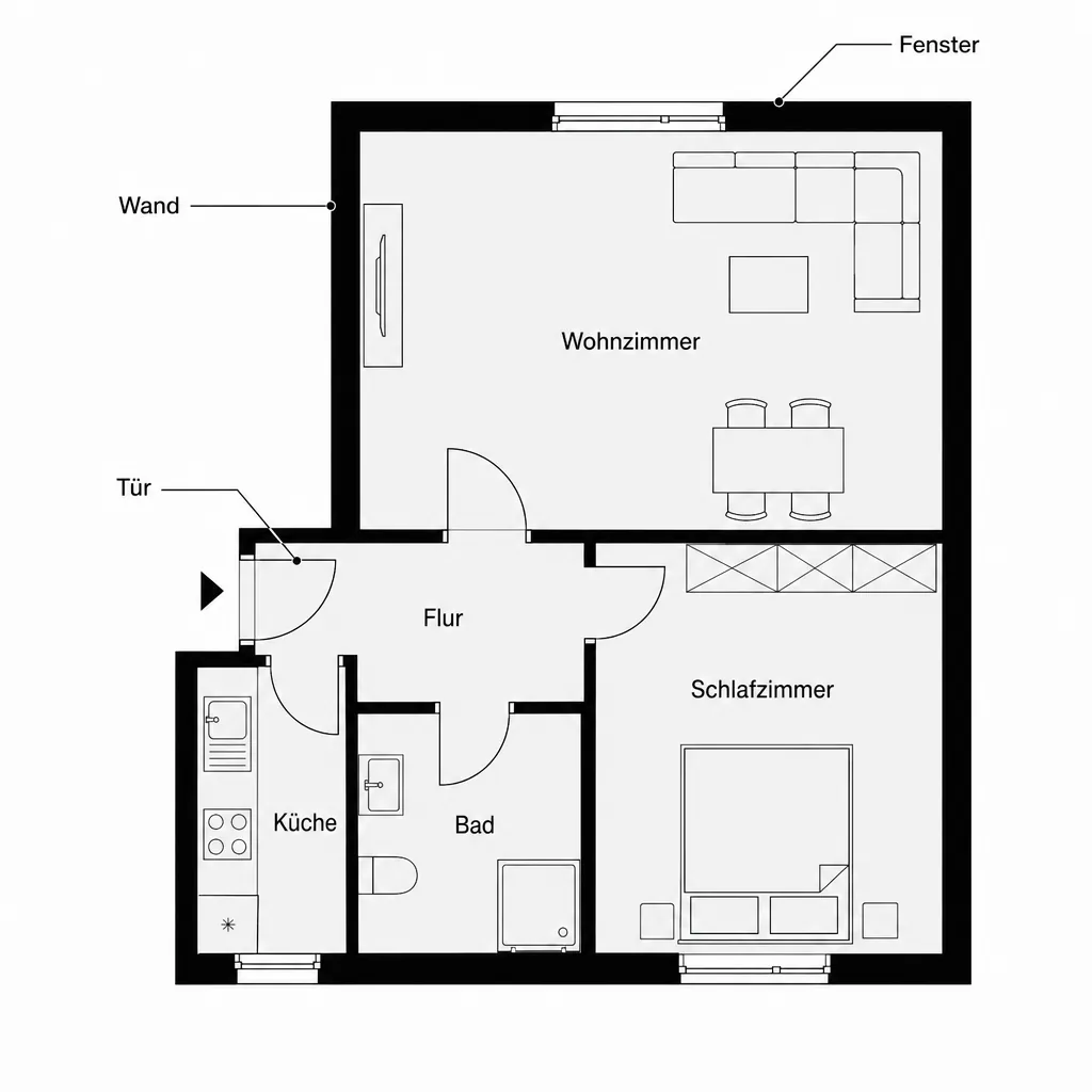 Beispiel-Grundriss einer deutschen Wohnung mit beschrifteten Räumen und Symbolen