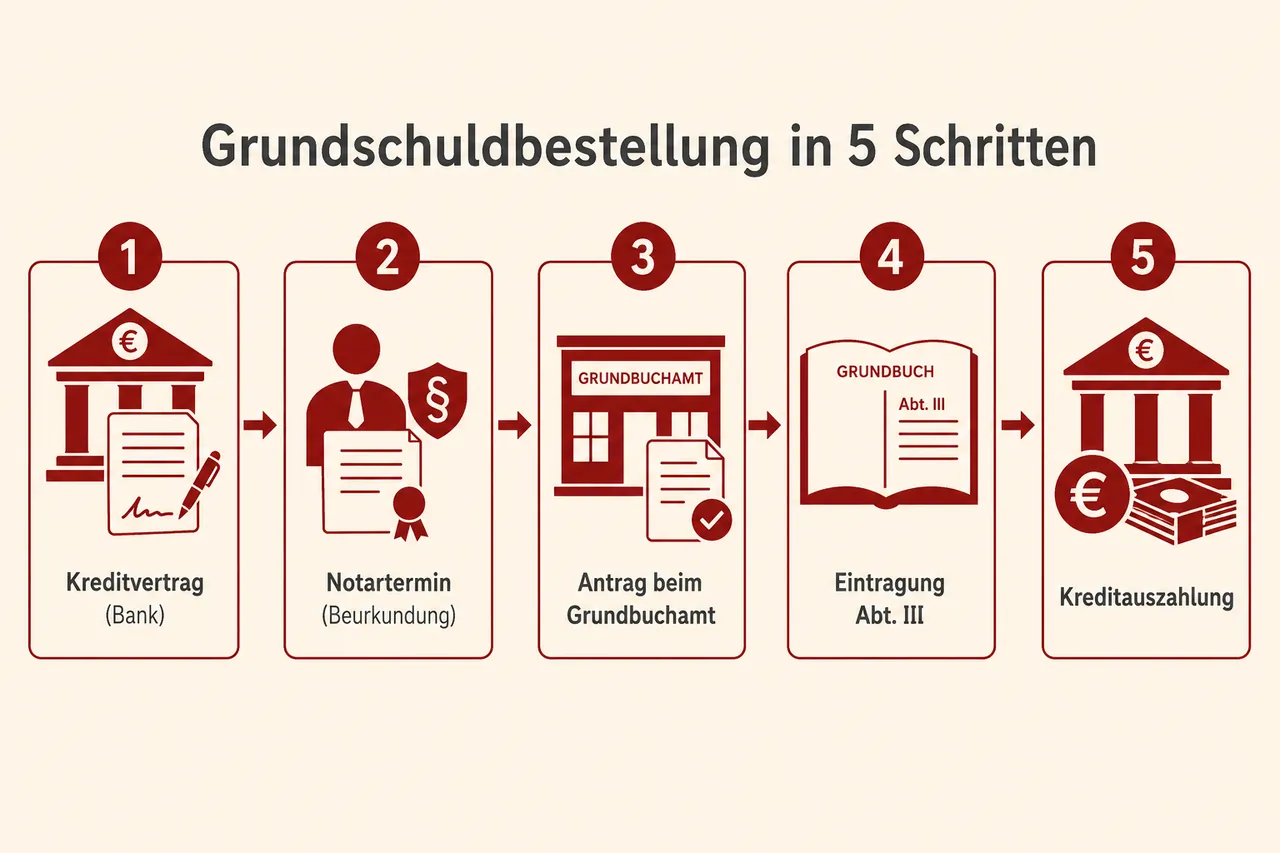 Infografik: Ablauf der Grundschuldbestellung in 5 Schritten – von Kreditvertrag über Notartermin bis zur Kreditauszahlung