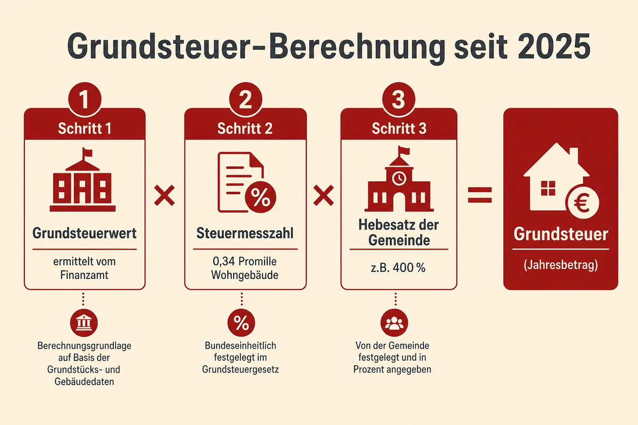 Grundsteuer-Berechnungsformel seit 2025: Grundsteuerwert × Messzahl × Hebesatz als Infografik