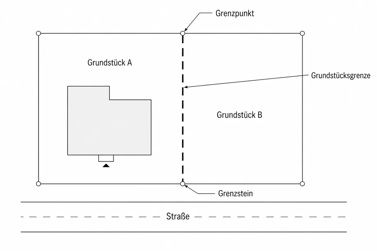 Schema zweier benachbarter Grundstücke mit markierter Grundstücksgrenze, Grenzpunkten und Grenzsteinen