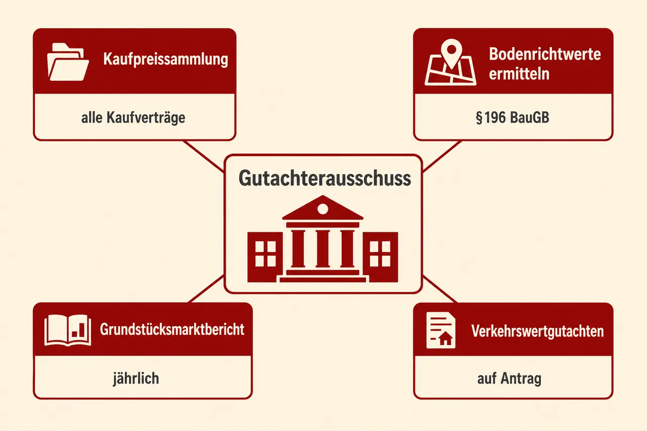 Aufgaben des Gutachterausschusses im Überblick: Kaufpreissammlung, Bodenrichtwerte, Grundstücksmarktbericht und Verkehrswertgutachten