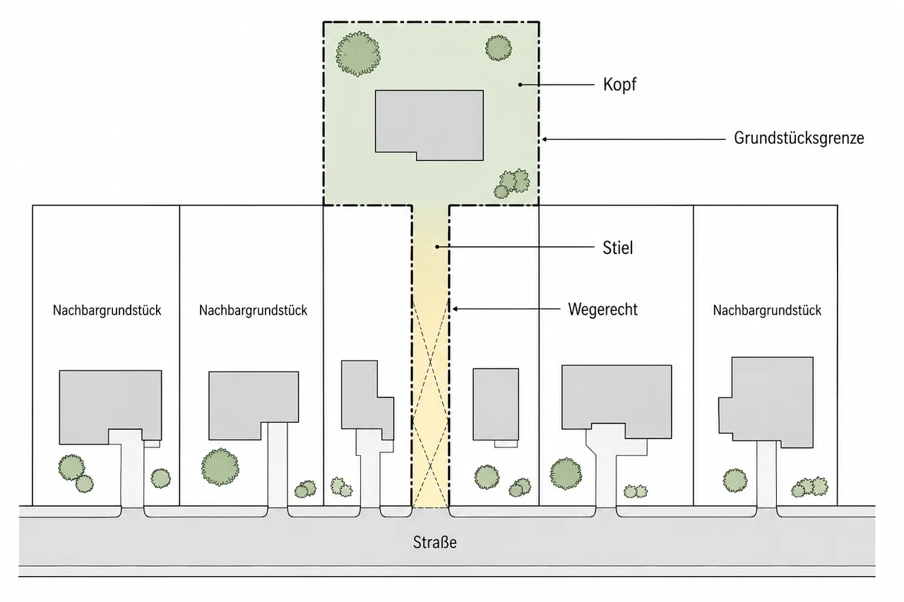 Lageplan eines Hammergrundstücks mit schmalem Stiel zur Straße und breitem Kopf als Baufläche