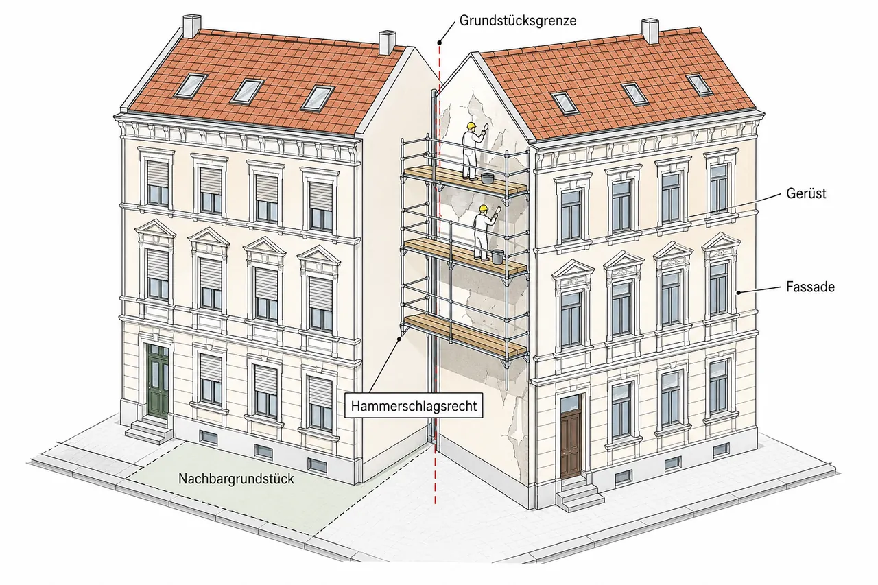 Schematische Darstellung zweier Gründerzeitgebäude mit Gerüst, das über die Grundstücksgrenze auf das Nachbargrundstück ragt