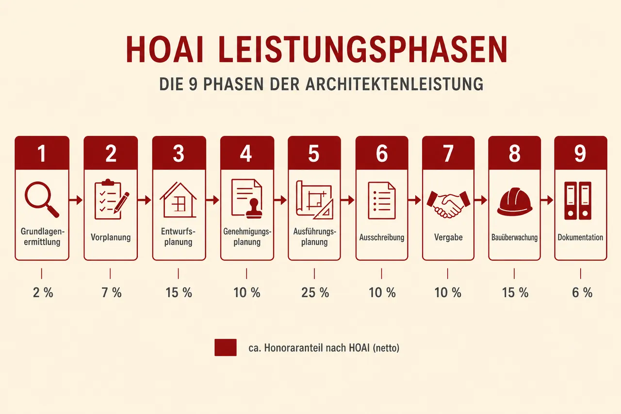 Infografik der neun HOAI-Leistungsphasen von Grundlagenermittlung bis Dokumentation