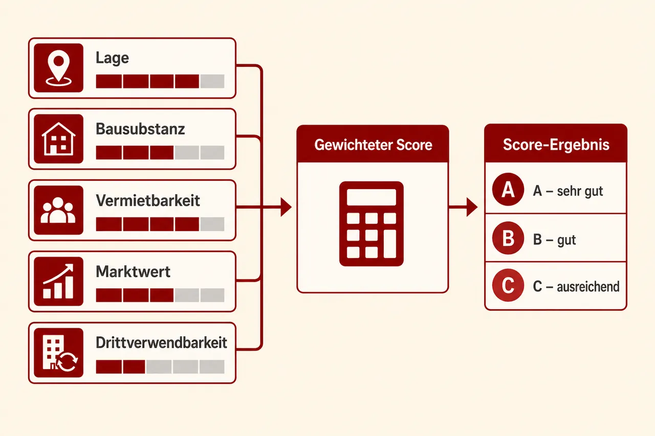 Immobilien-Scoring: Kriterien wie Lage, Bausubstanz und Marktwert fließen gewichtet in einen Gesamtscore mit Bewertungsstufen A, B, C