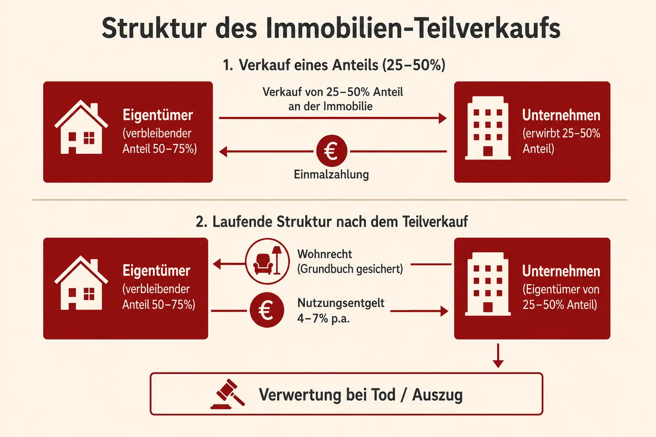 Struktur des Immobilien-Teilverkaufs: Einmalzahlung, Wohnrecht im Grundbuch und laufendes Nutzungsentgelt