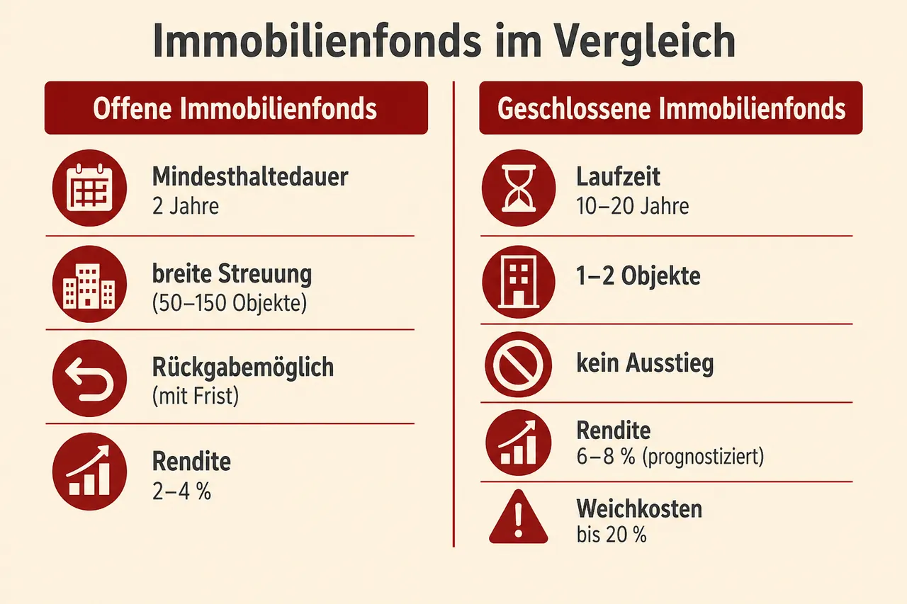 Vergleich offener und geschlossener Immobilienfonds mit Merkmalen wie Haltedauer, Streuung und Rendite