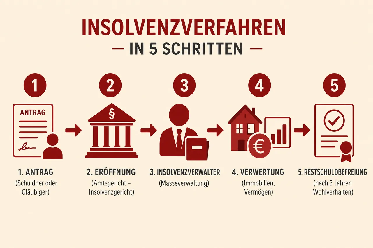 Ablauf des Insolvenzverfahrens in fünf Schritten: Antrag, Eröffnung, Insolvenzverwalter, Verwertung, Restschuldbefreiung