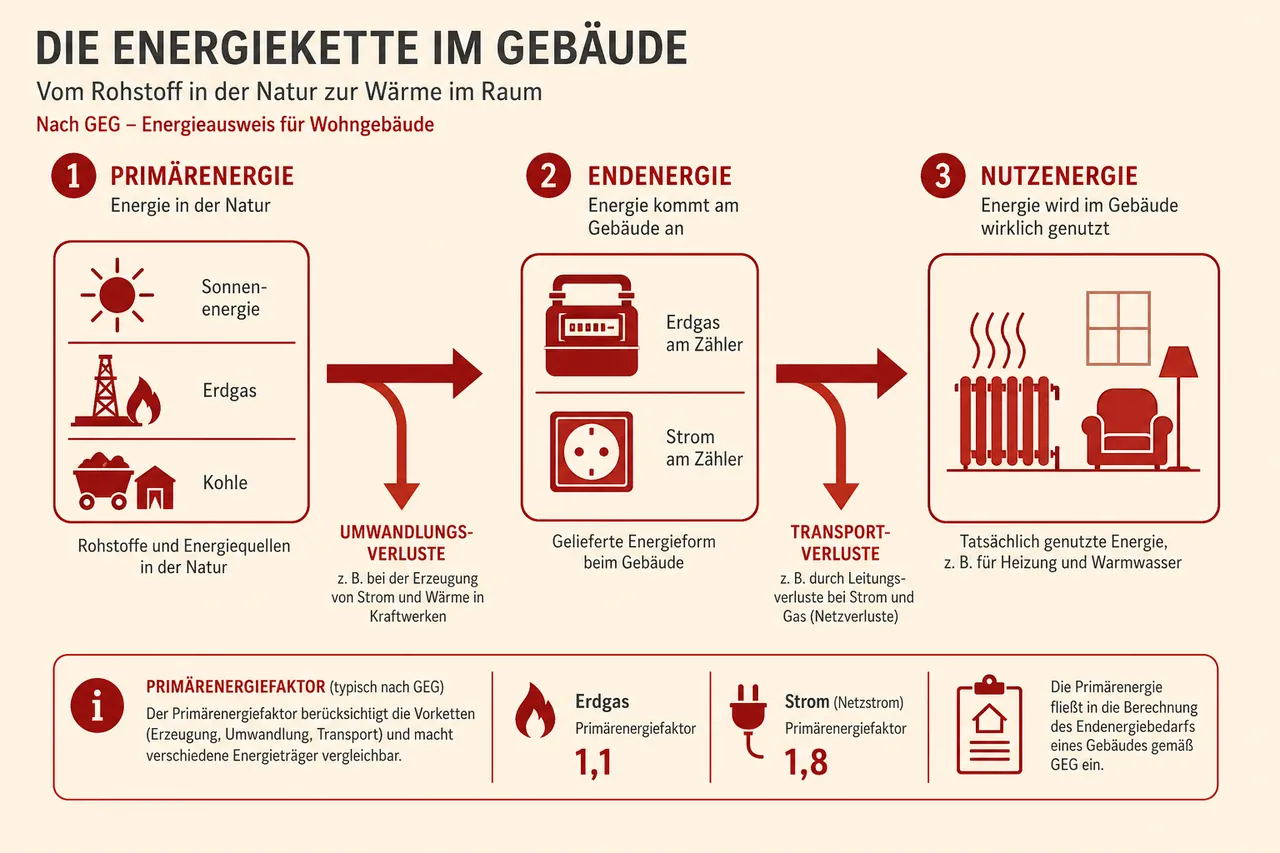 Infografik der Energiekette von Primärenergie über Endenergie zur Nutzenergie mit Umwandlungsverlusten