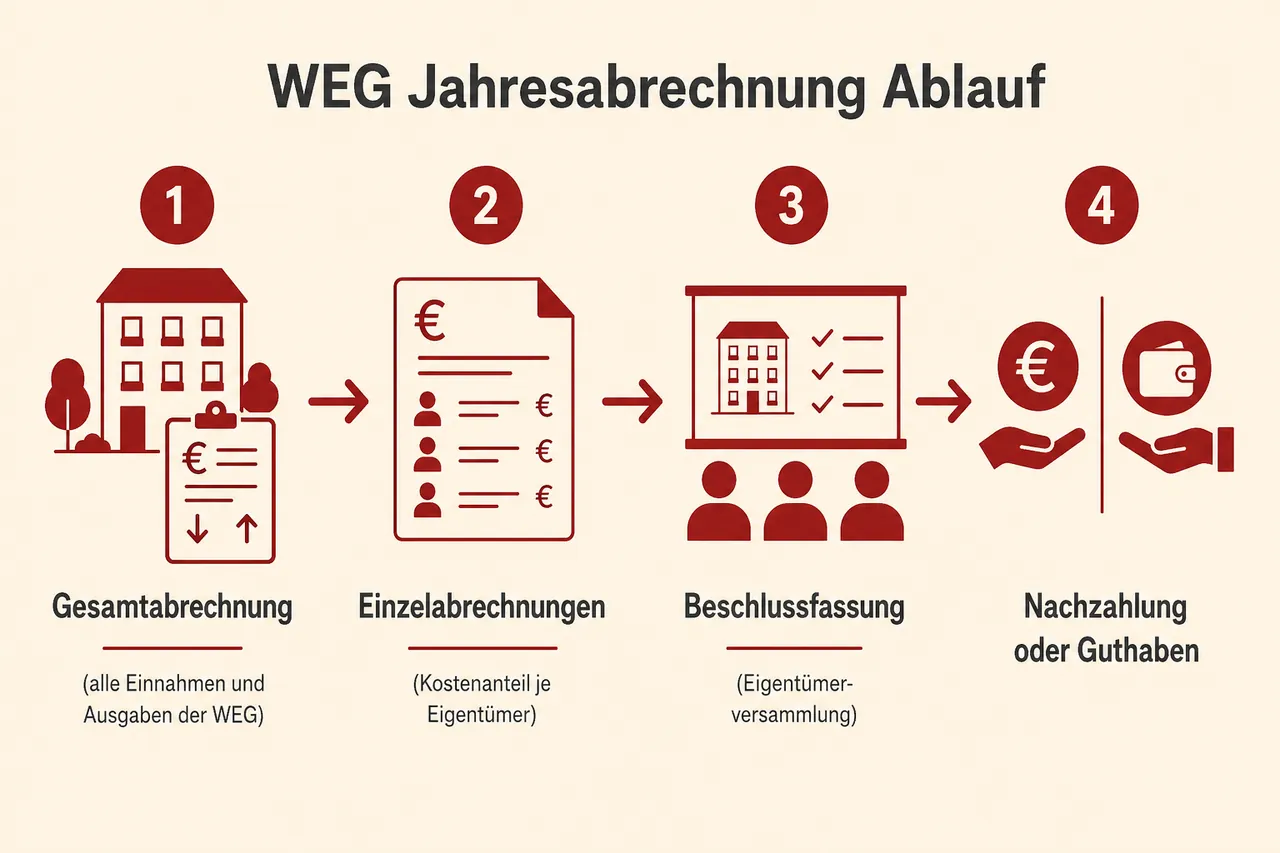 Ablauf der WEG-Jahresabrechnung von Gesamtabrechnung bis Beschluss und Saldo