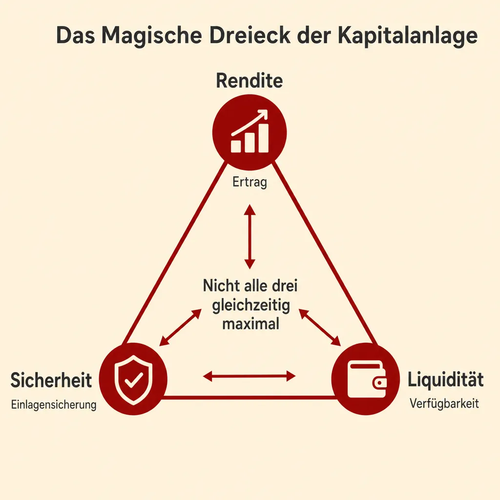 Das magische Dreieck der Kapitalanlage mit den Ecken Rendite, Sicherheit und Liquidität