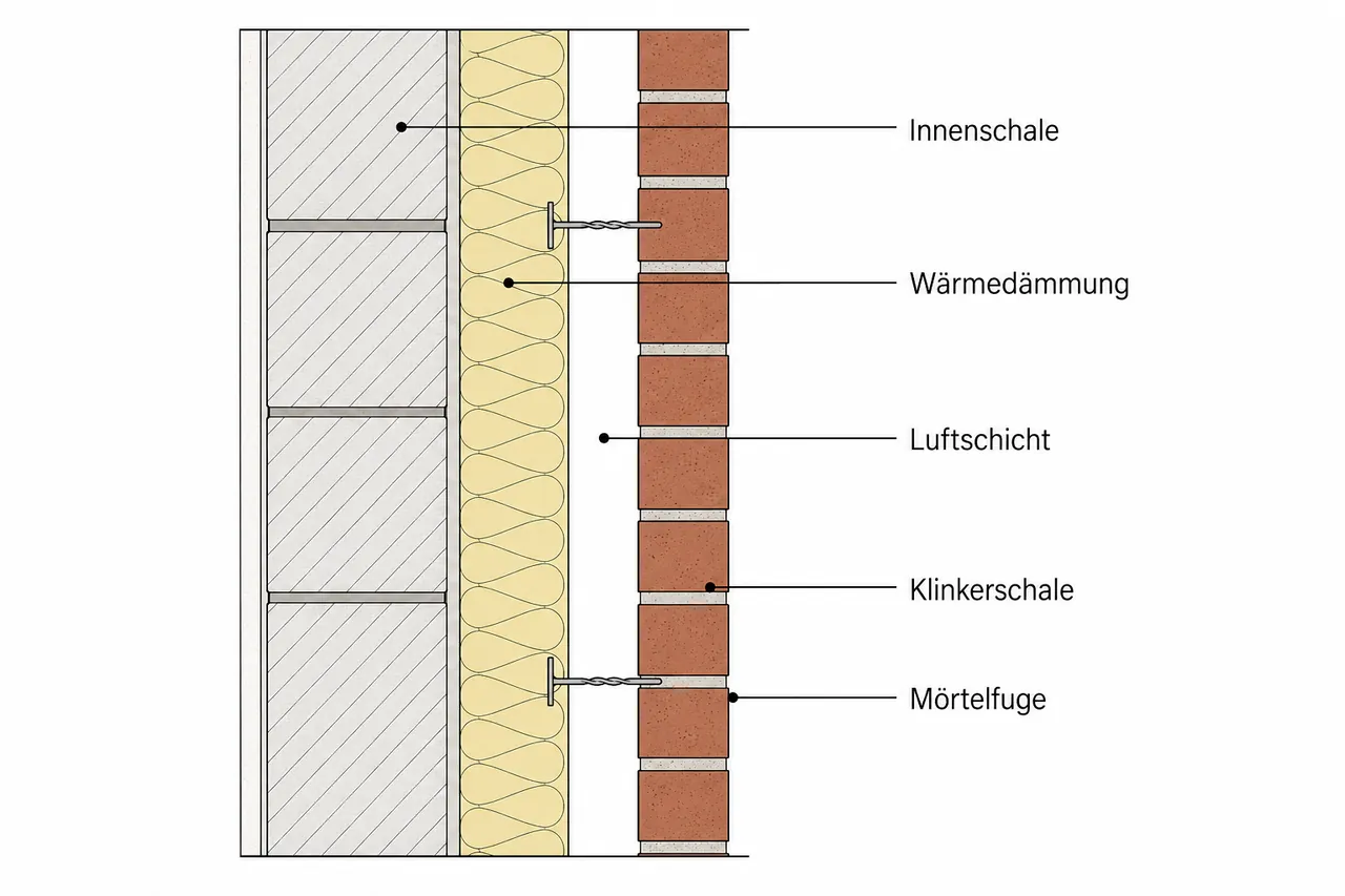 Wandquerschnitt einer zweischaligen Klinkerfassade mit beschrifteten Schichten: Innenschale, Wärmedämmung, Luftschicht, Klinkerschale und Mörtelfuge