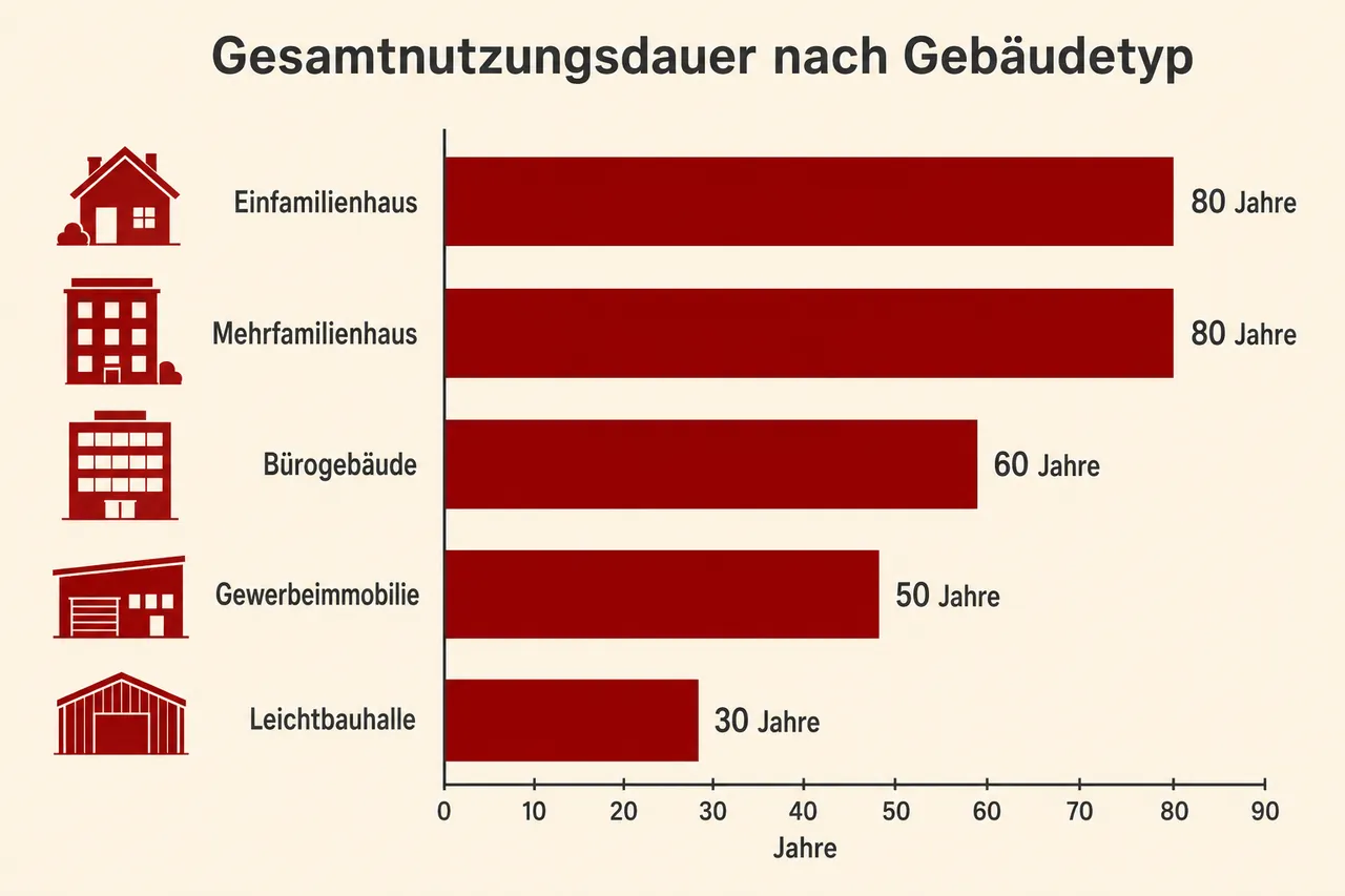 Gesamtnutzungsdauer verschiedener Gebäudetypen im Vergleich: Einfamilienhaus, Mehrfamilienhaus, Bürogebäude, Gewerbe, Leichtbauhalle