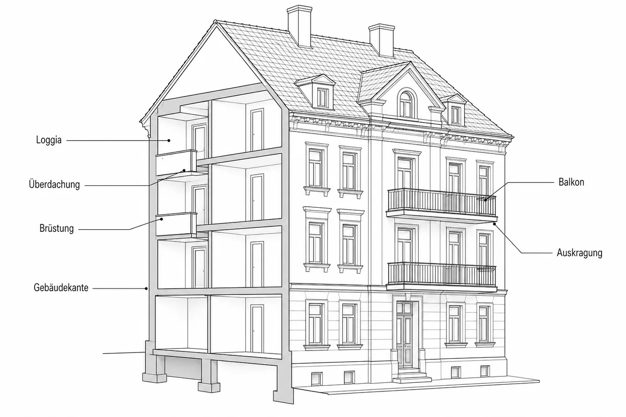 Schematische Darstellung einer Loggia und eines Balkons im Vergleich an einem deutschen Mehrfamilienhaus