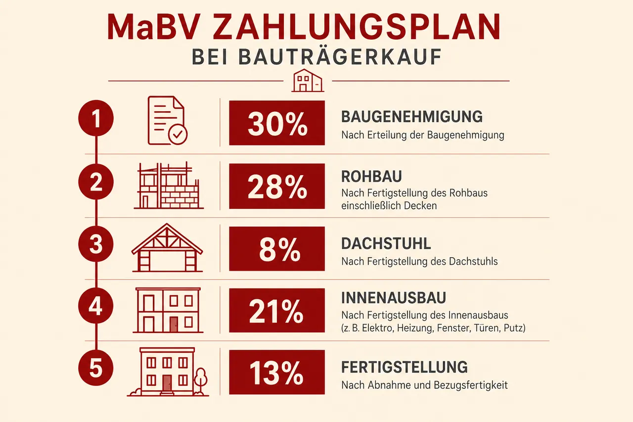 Infografik des MaBV-Zahlungsplans mit fünf Baufortschritts-Meilensteinen und prozentualen Teilzahlungen