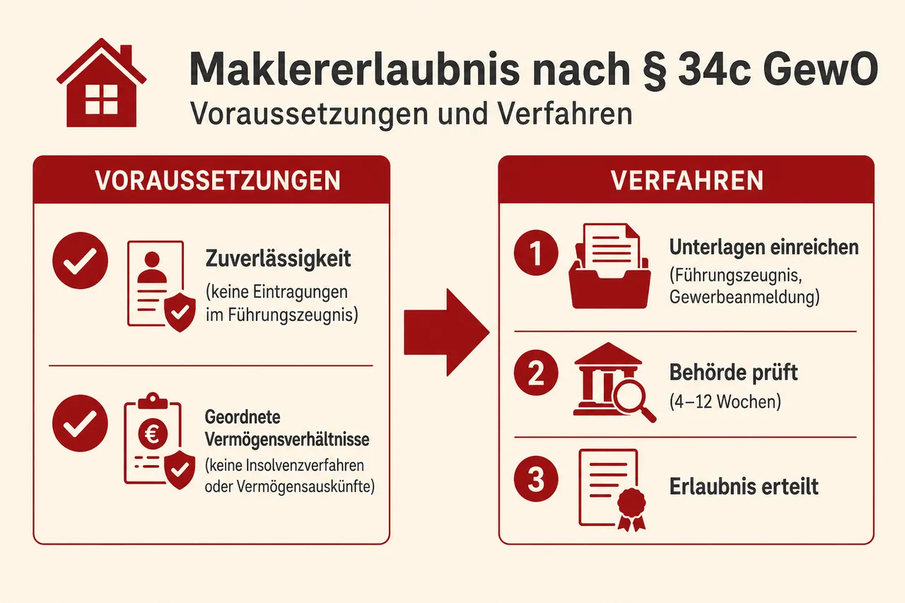Infografik zu den Voraussetzungen und dem Verfahren der Maklererlaubnis nach § 34c GewO