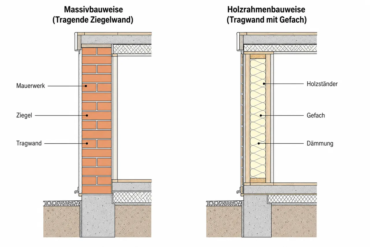 Vergleich Massivbauweise und Holzrahmenbauweise im Wandquerschnitt mit beschrifteten Bauteilen: Mauerwerk, Ziegel, Tragwand, Holzständer, Gefach und Dämmung