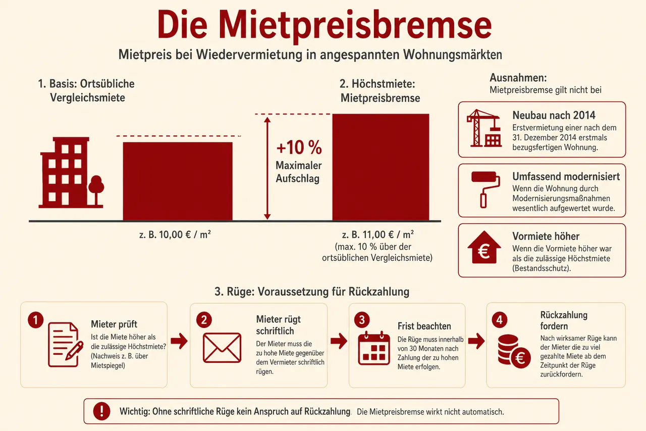 Funktionsweise der Mietpreisbremse: Vergleichsmiete plus 10 Prozent als Höchstmiete bei Neuvermietung