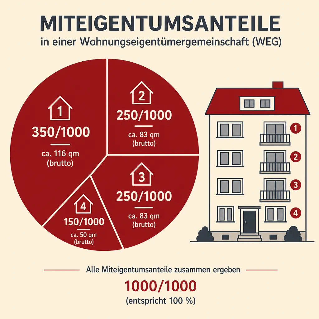 Infografik: Miteigentumsanteile als Bruchteile (z. B. 350/1000) auf vier Wohneinheiten verteilt – alle Anteile summieren sich auf 1000/1000