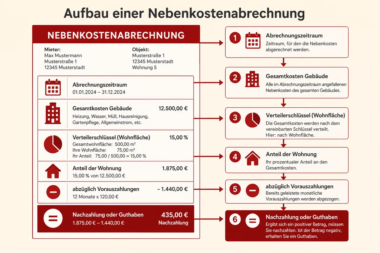 Aufbau einer Nebenkostenabrechnung mit Kostenanteil, Verteilerschlüssel und Saldo