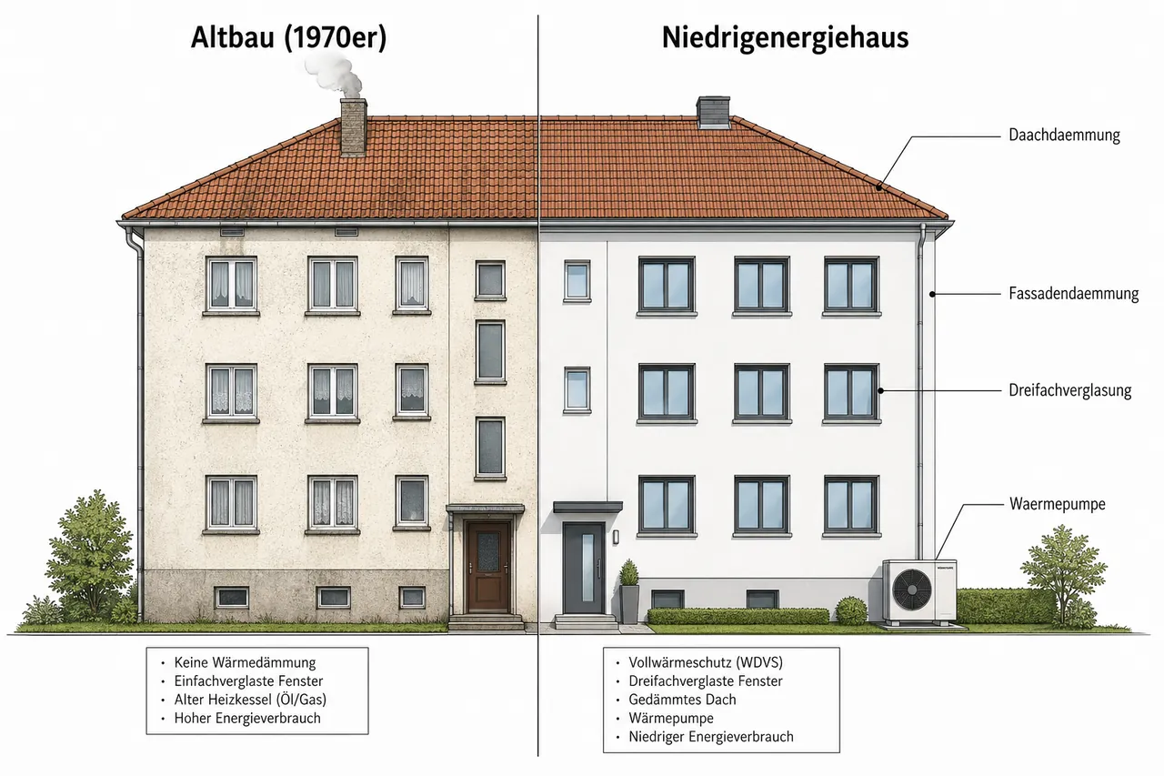 Vergleichsdarstellung Altbau versus Niedrigenergiehaus mit beschrifteten Sanierungsmaßnahmen an Fassade, Dach und Fenster