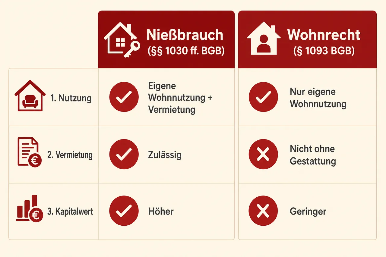 Vergleich von Nießbrauch und Wohnrecht: Nutzungsumfang, Vermietungsbefugnis und Kapitalwert im Überblick