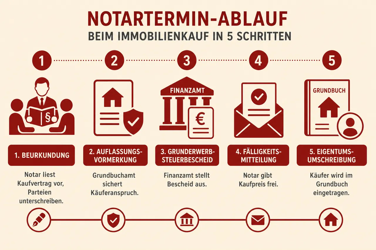 Ablauf des Notartermins beim Immobilienkauf in fünf Schritten: Beurkundung, Auflassungsvormerkung, Grunderwerbsteuerbescheid, Fälligkeitsmitteilung, Eigentumsumschreibung