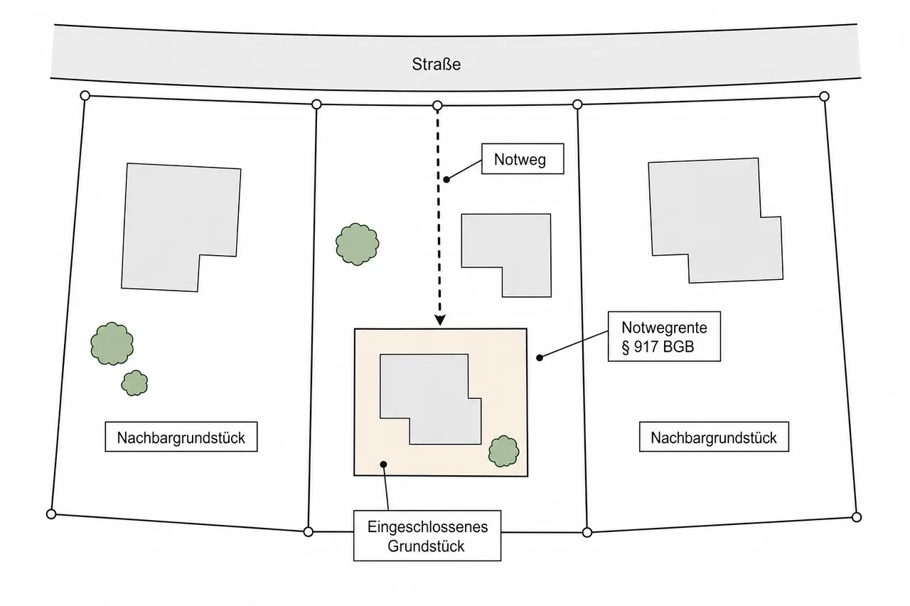 Lageplan eines eingeschlossenen Grundstücks ohne Straßenzugang mit eingezeichnetem Notweg über das Nachbargrundstück
