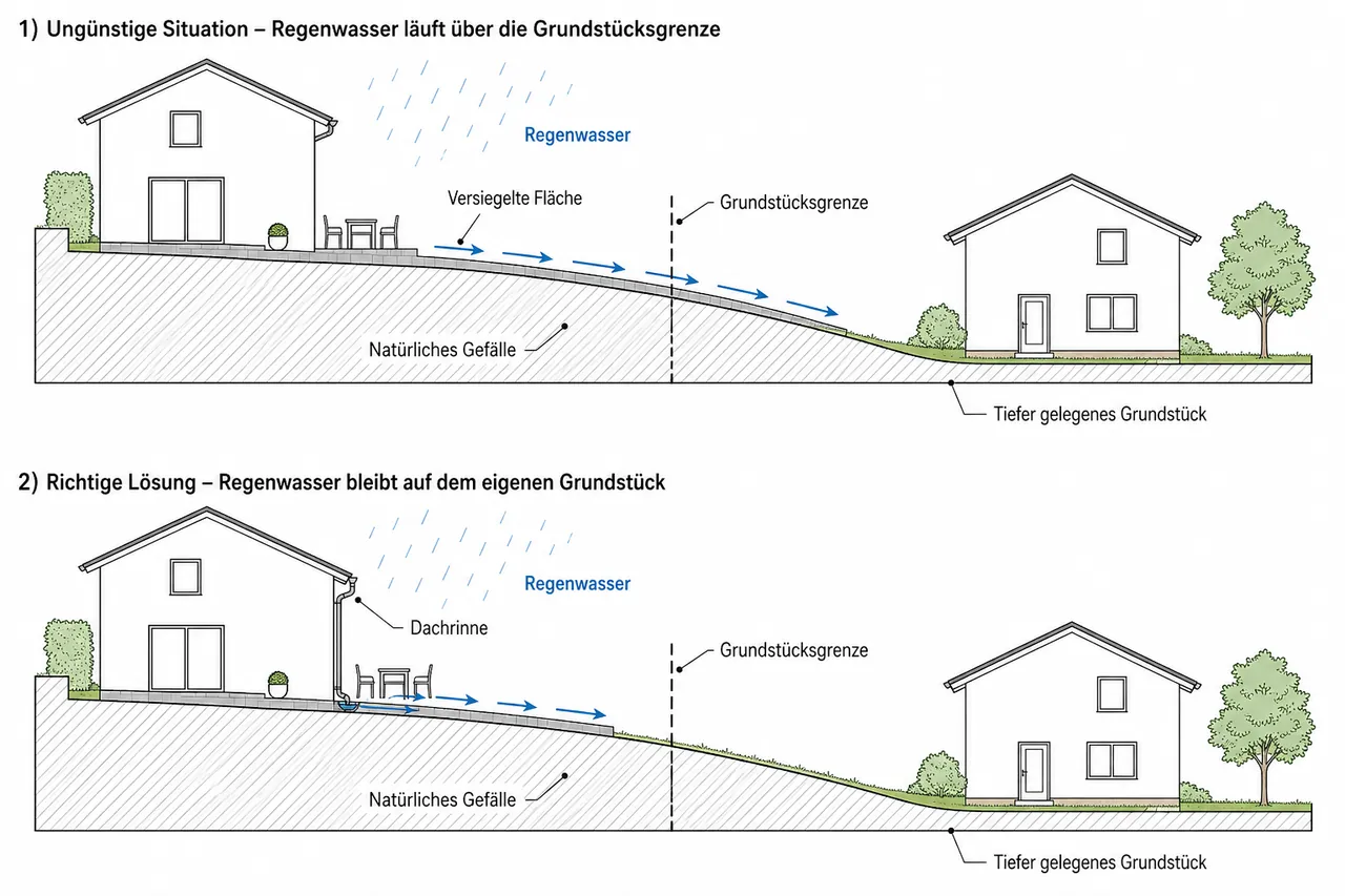 Querschnitt geneigter benachbarter Grundstücke mit Regenwasserablauf vom versiegelten oberen Grundstück auf das tiefer gelegene Nachbargrundstück