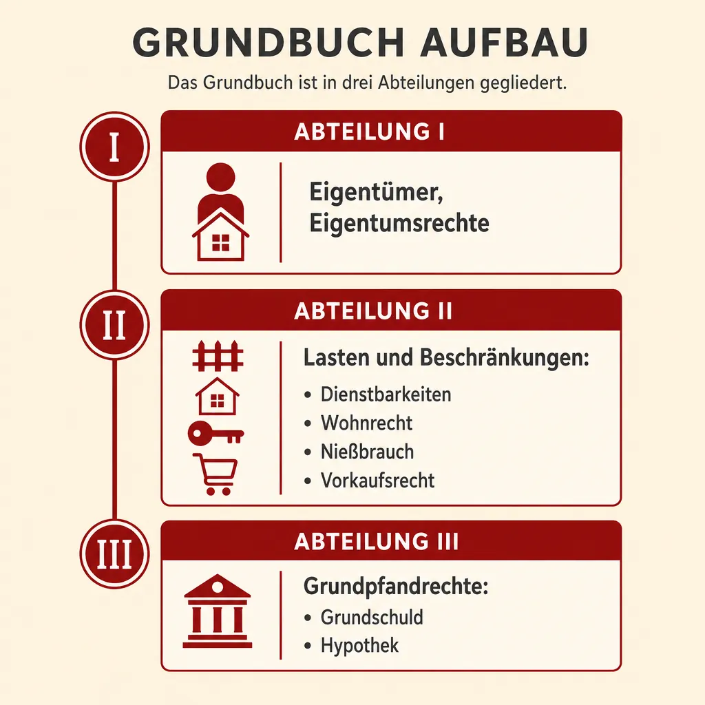 Aufbau des Grundbuchs in drei Abteilungen mit Lasten und Beschränkungen in Abteilung II