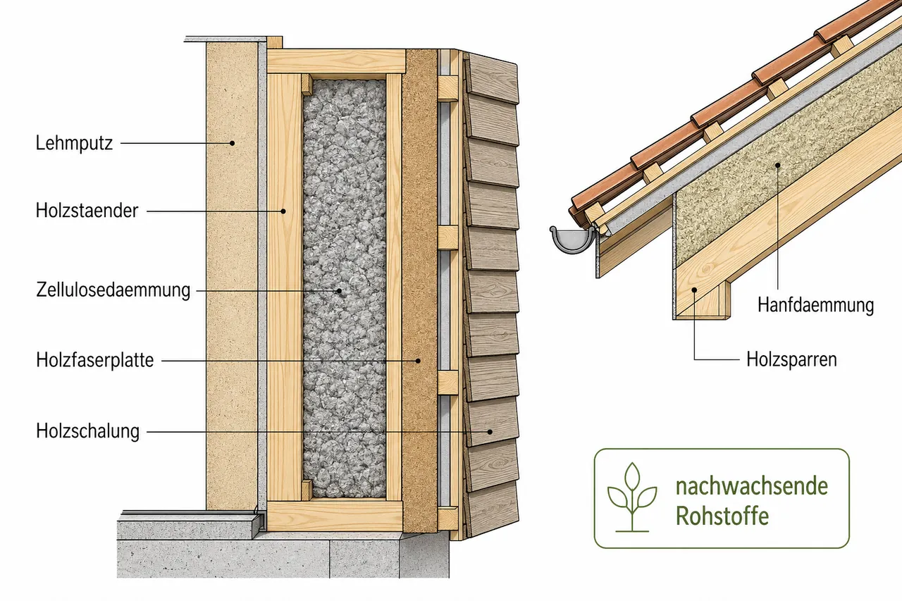 Beschrifteter Wandquerschnitt eines Holzrahmenhauses mit ökologischen Dämmstoffen wie Zellulose, Lehm und Holzfasern