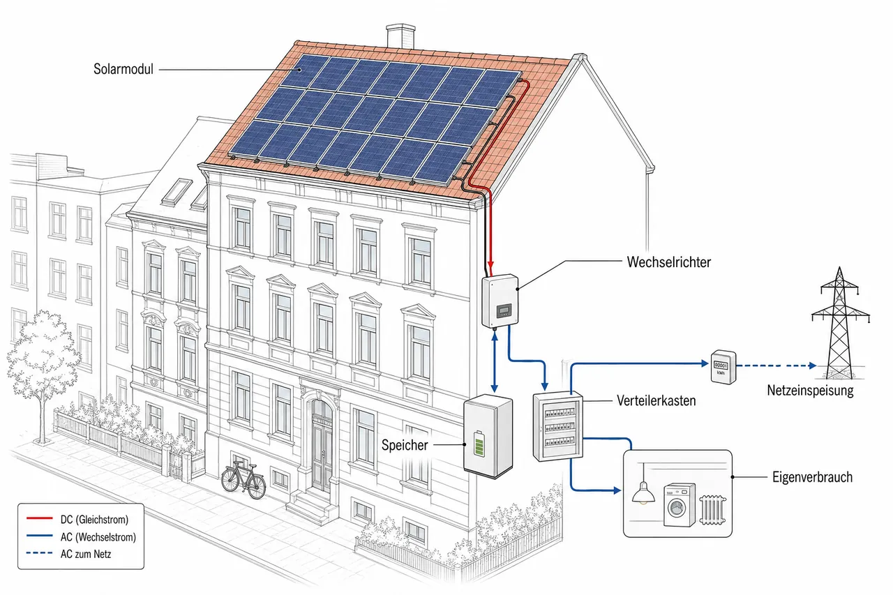 Schematische Darstellung einer Photovoltaikanlage auf einem Mehrfamilienhaus mit Wechselrichter, Speicher und Netzeinspeisung