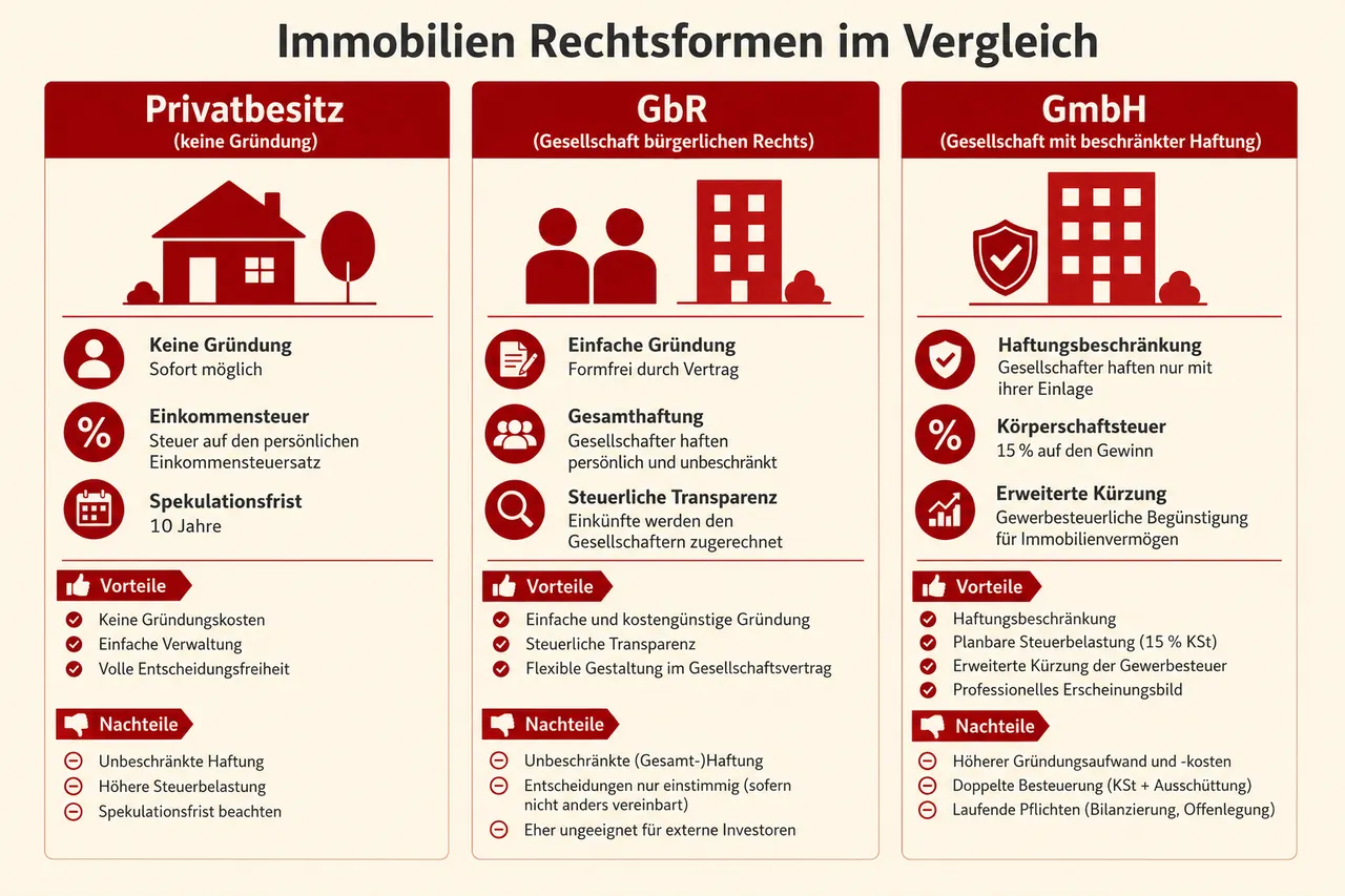 Vergleich der Rechtsformen für Immobilien: Privatbesitz, GbR und GmbH im Überblick