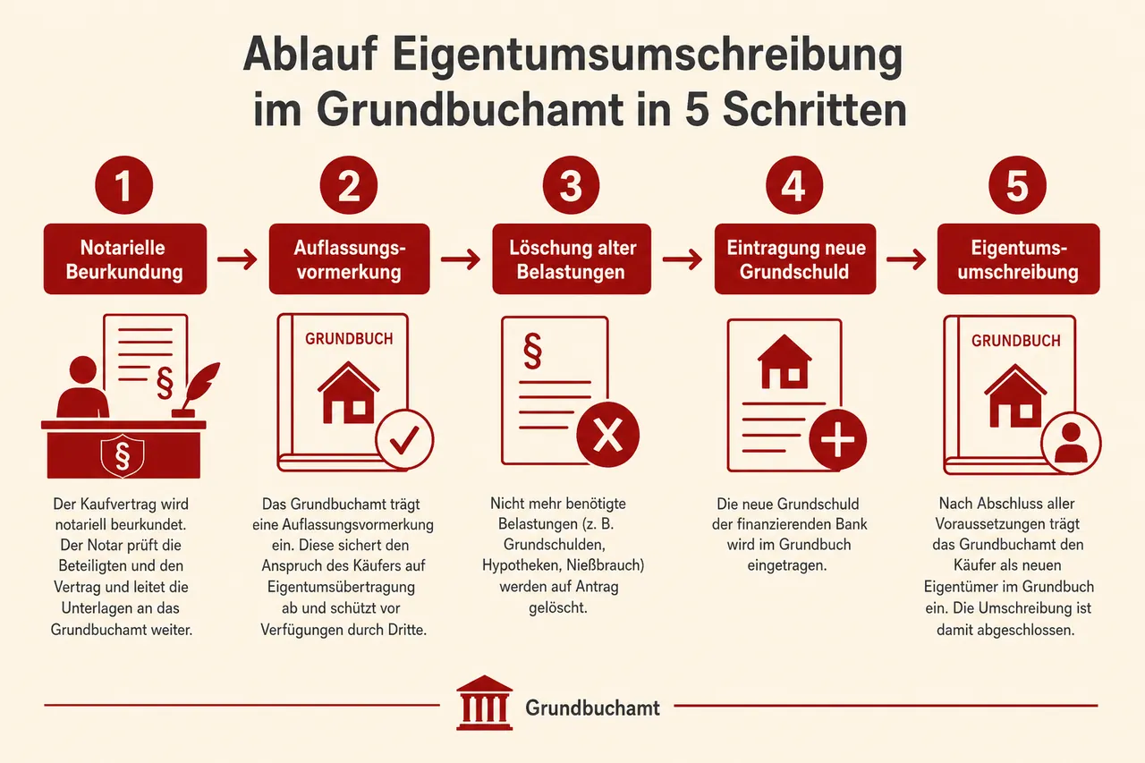 Ablauf der Eigentumsumschreibung im Grundbuchamt in fünf Schritten