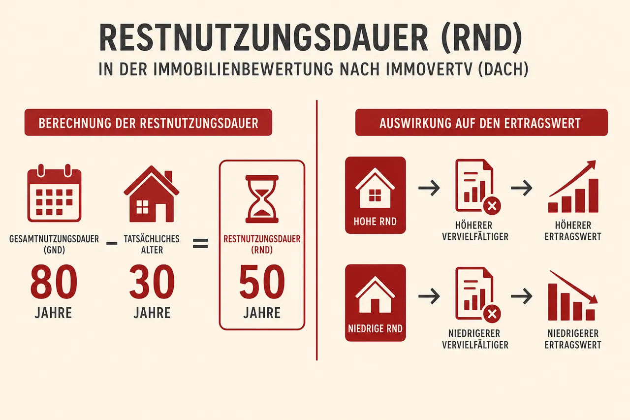 Restnutzungsdauer: Formel GND minus Alter gleich RND sowie Auswirkung auf Vervielfältiger und Ertragswert