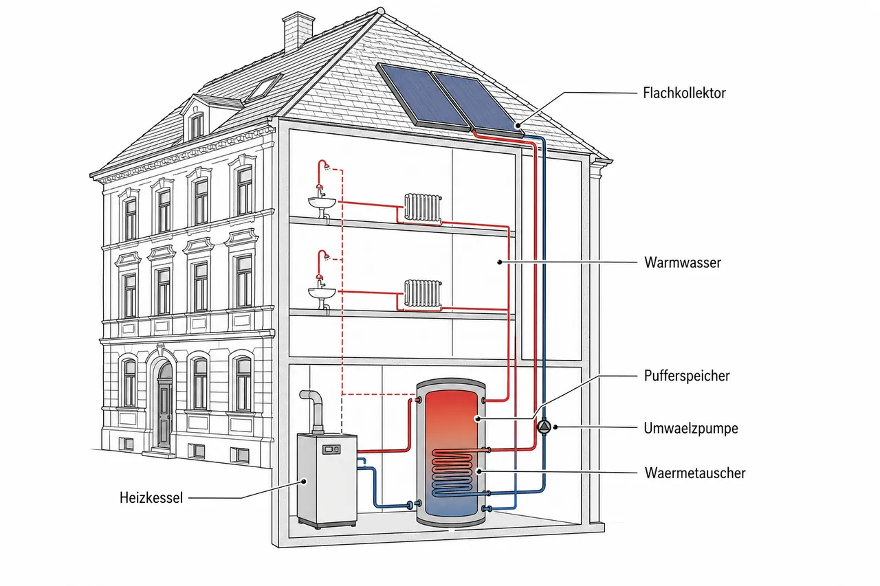 Schematische Darstellung einer Solarthermieanlage mit Flachkollektor, Pufferspeicher, Umwälzpumpe und Heizkessel