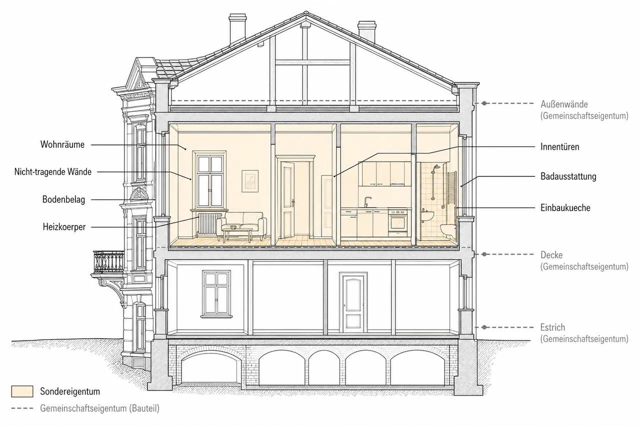Schematische Darstellung einer Eigentumswohnung mit beschrifteten Sondereigentum-Bereichen und Abgrenzung zum Gemeinschaftseigentum