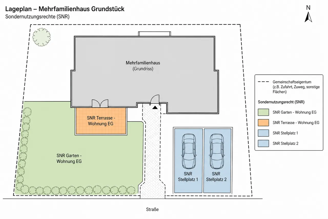 Lageplan eines deutschen Mehrfamilienhauses mit Sondernutzungsrechten für Gartenanteil, Stellplätze und Terrasse der Erdgeschosswohnung