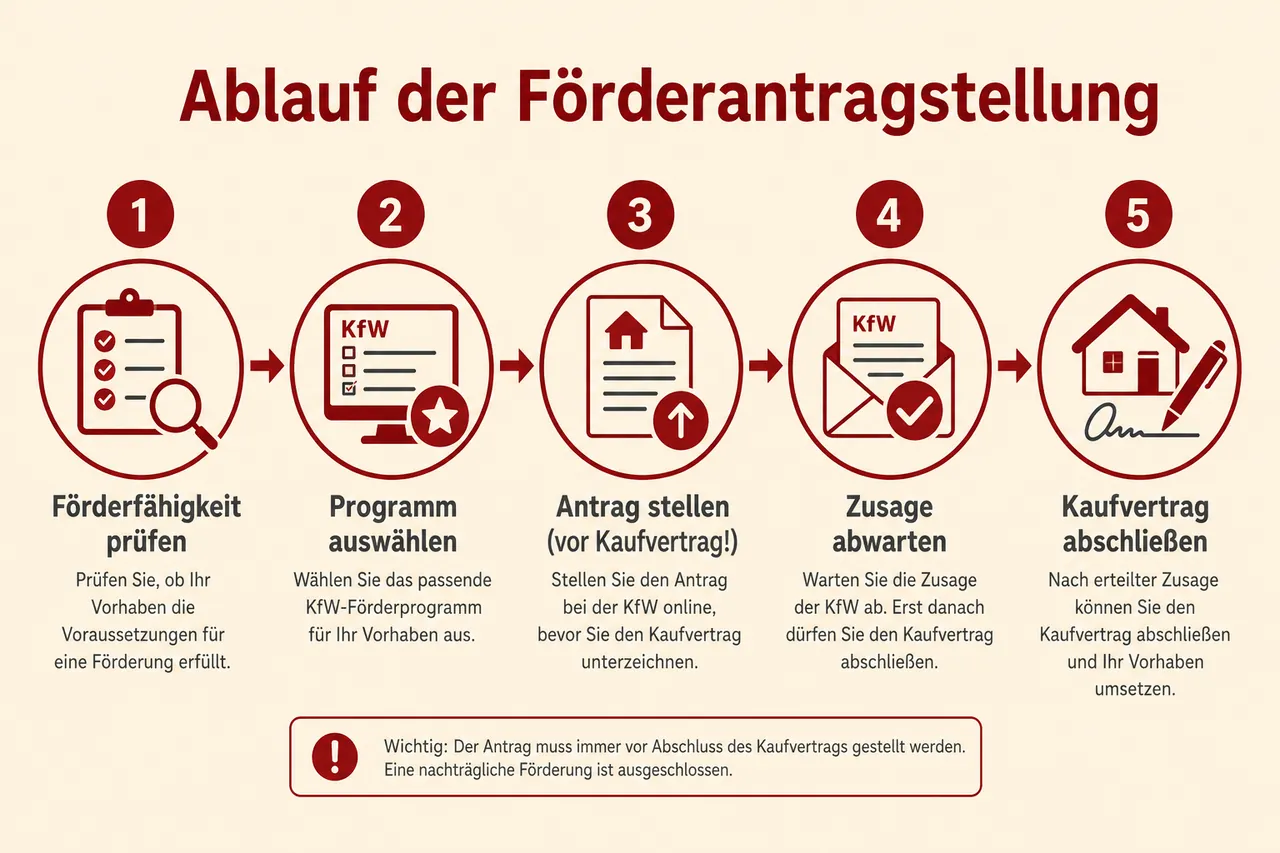 Fünfstufiger Ablauf der Förderantragstellung beim Hauskauf: von Förderfähigkeit prüfen bis Kaufvertrag abschließen